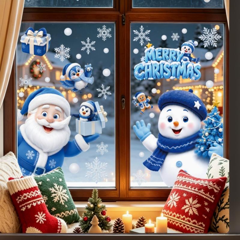 1/2 Sheets Cartoon Snowman Snowflake Santa Claus Christmas Window Wall Sticker Self-Adhesive Decor New Year Windows Stickers