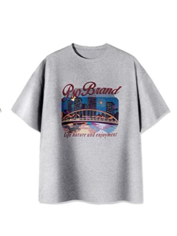 American Vintage Fashion T-shirt Women Oversize Summer Night View Pattern Short Sleeve Clothing Half Sleeves Loose Top Tide