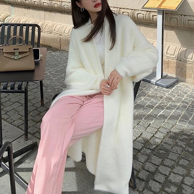 Mink Velvet Knee-Length Sweater Cardigan for Women - Autumn Winter Loose Knit Style