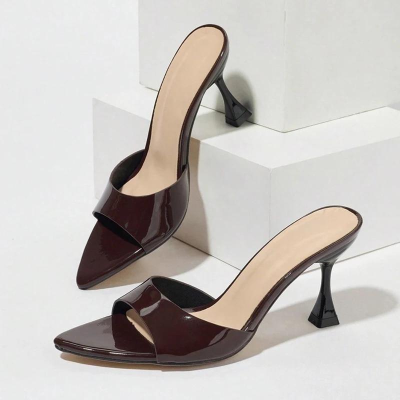 Fashion Sexy Pointed Toe Patent Leather 8CM Strange Thin Heels Slippers Women Summer Comfortable Slide Sandals Elegant Mules Flip Flops