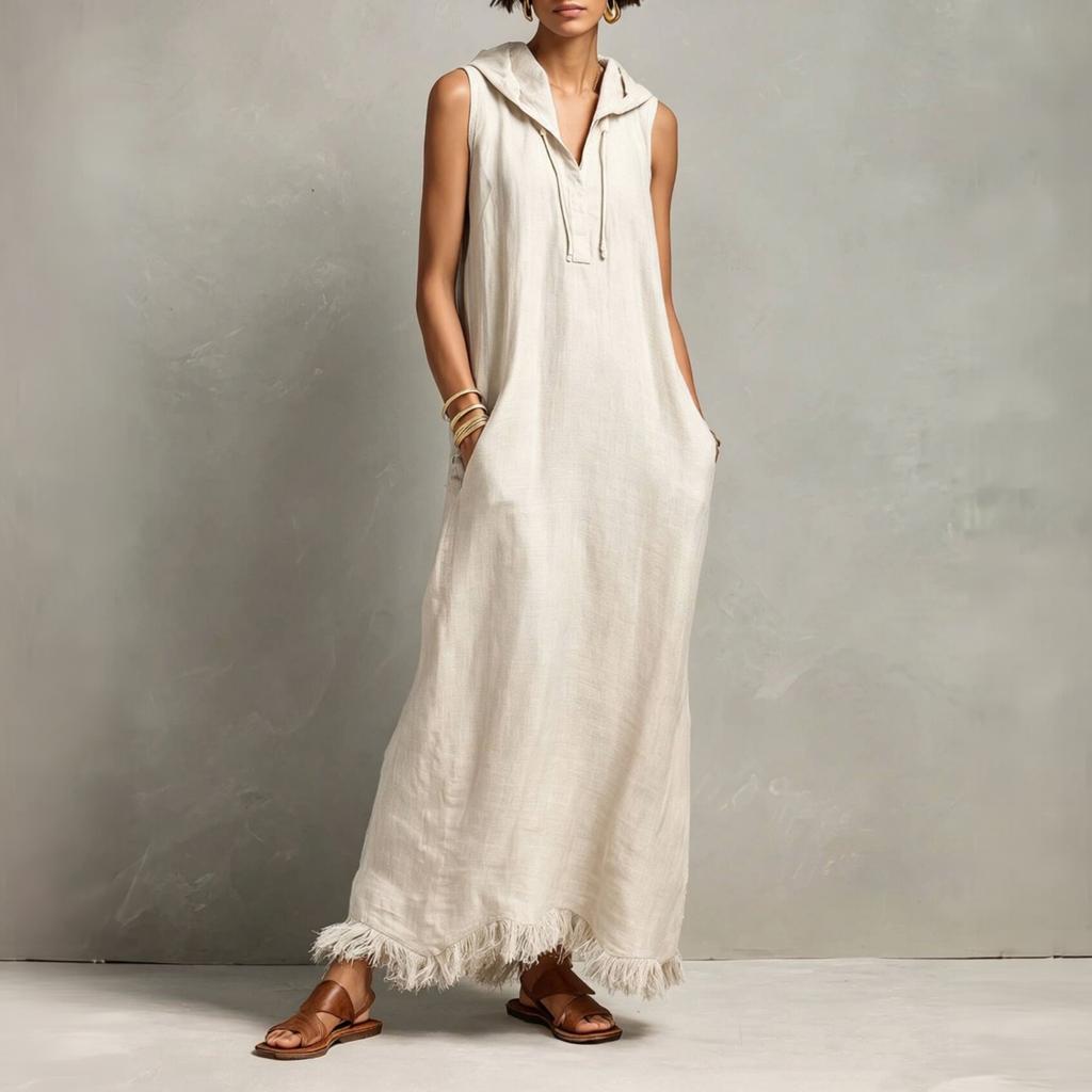 Sleeveless Hooded Maxi Dress with Fringe Hem Casual Long Dress Lightweight Loose Fit Summer Dress for Women