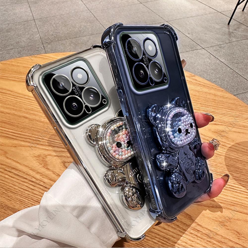 FLYKYLIN Coque de téléphone mignonne avec support ours plaqué pour Xiaomi Redmi 15C 14C 13 13C Housse transparente avec support