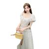 French One-word Shoulder White Pendulum Dress Women's Waist and Thin Long Gentle Wind Vacation Polka Dot Skirt