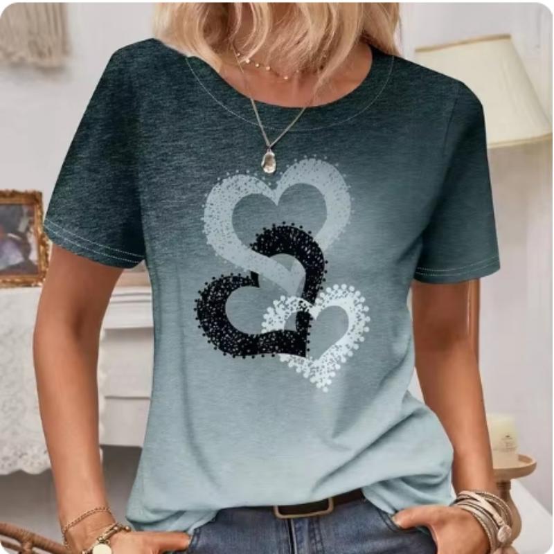 Tricou de damă cu mânecă scurtă și gât rotund, cu model de inimă, top casual pentru femei, modă Y2K, navetă, cămașă cu mânecă scurtă