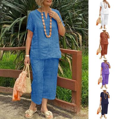 2Pcs Short Sleeve Blouse Pants Set for Women Loose Top Wide Leg Pants Sets Solid Tracksuit Outfit Summer Casual Matching Outfit