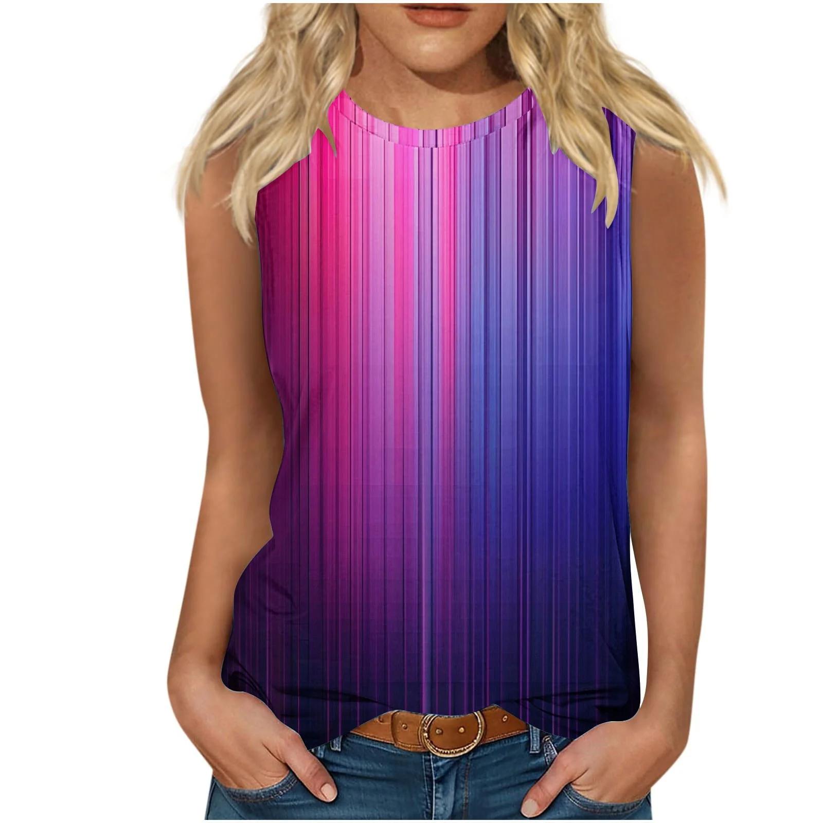 

Женские майки с яркими полосками с 3D-принтом, новые, с круглым вырезом, повседневный жилет, с открытыми плечами, элегантный топ Y2k без рукавов, майка, женская одежда XL