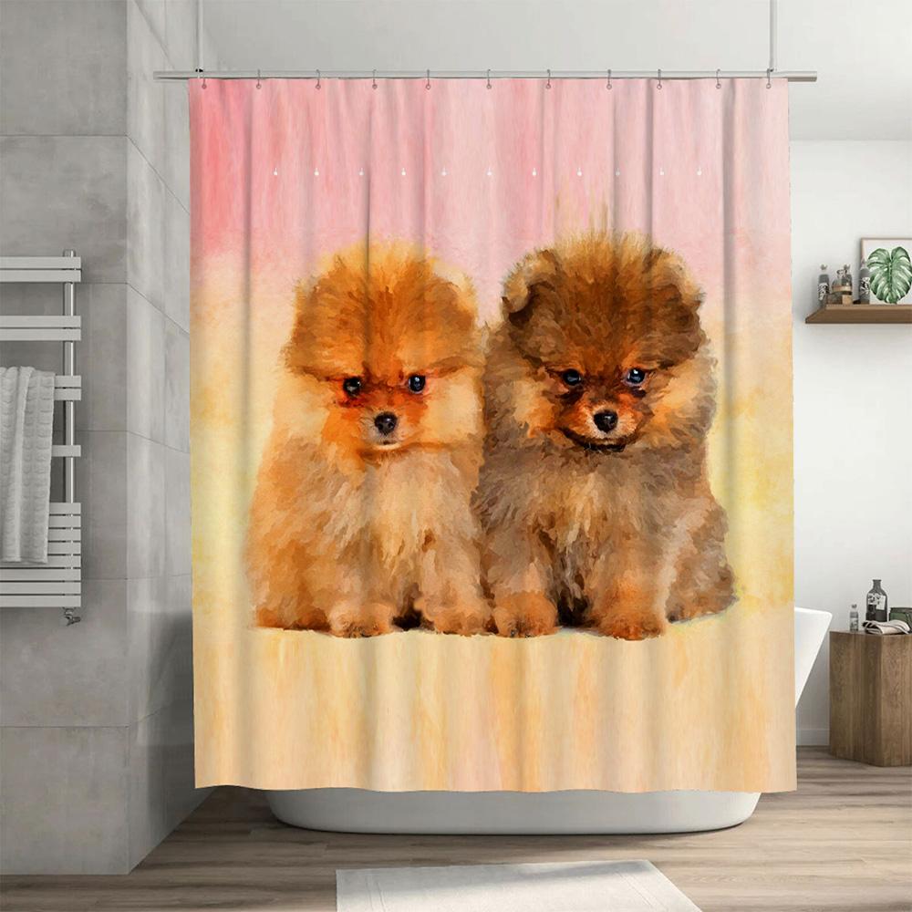 Watercolor Dogs Shower Curtain Bathroom Decor for Pet Lovers Custom Printed Fabric Pink Floral Background Unique Gift Ideas