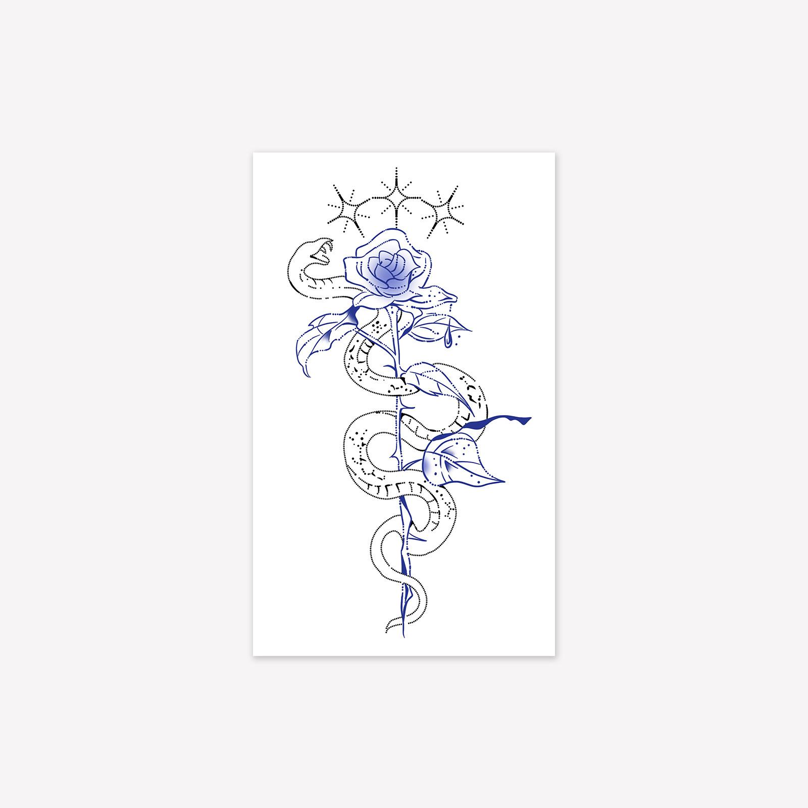 

Cool Blues, Snake-Wrapped Rose Tattoo, Dotted Spike Lines, Waterproof And Long-Lasting, Upper Arm, Delicate Pattern Sticker 11*18CM