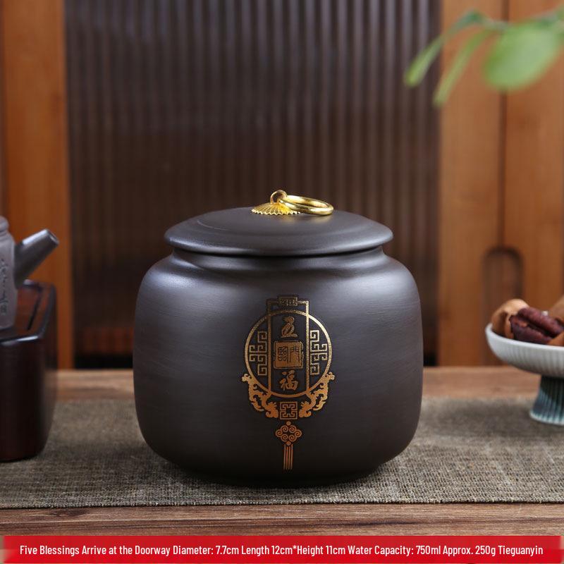 Exquisite Gilded Purple Clay Tea Storage Can - Moisture-Proof Ceramic for White, Black, and Pu'er Tea