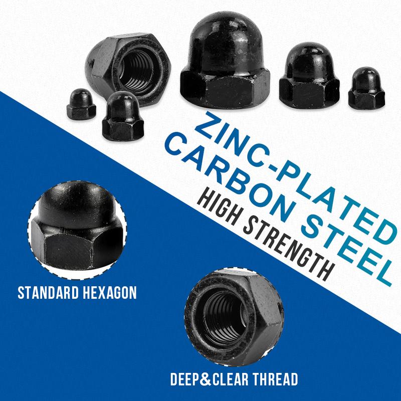 NINDEJIN 190pcs Cap Nut Set Black Carbon Steel M3 M4 M5 M6 M8 M10 M12 Hexagon Acorn Nut Cover Dome Nut