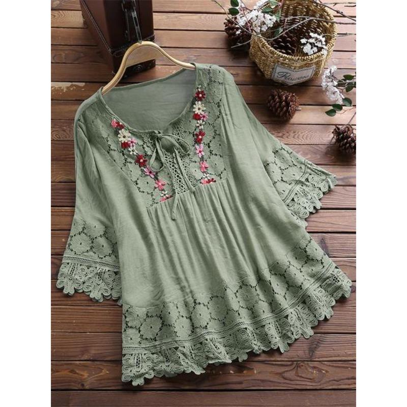 Top ampio con scollo a V in pizzo patchwork estivo in cotone e lino