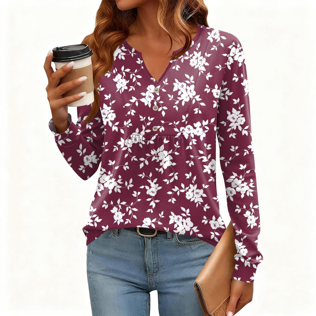 Tricou Pulover de Damă, Croială Relaxată, Gât în V, Culoare Vintage, Blocuri de Culoare cu Imprimeu Floral, Mânecă Lungă