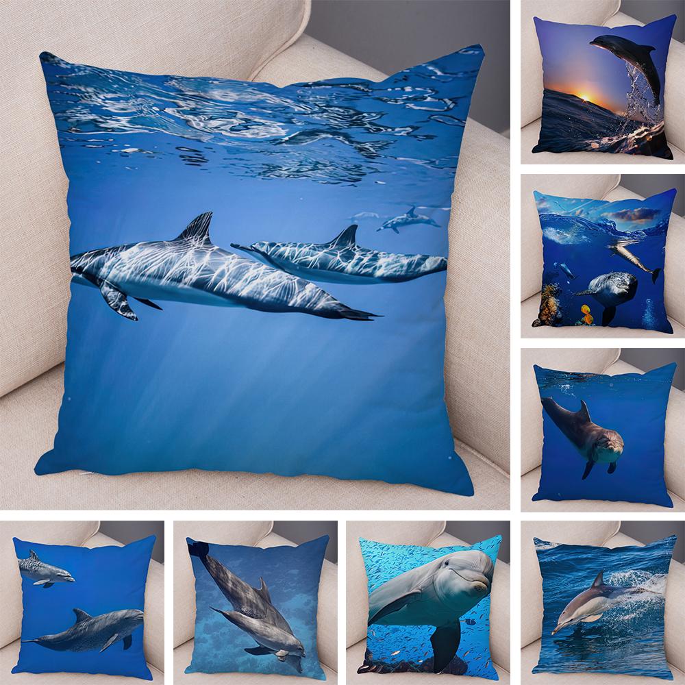 Federa per Cuscino Delfino Vita Marina Motivo Pesci Barriera Corallina Tessuto Morbido Studio Ufficio Casa Decorazione Federa