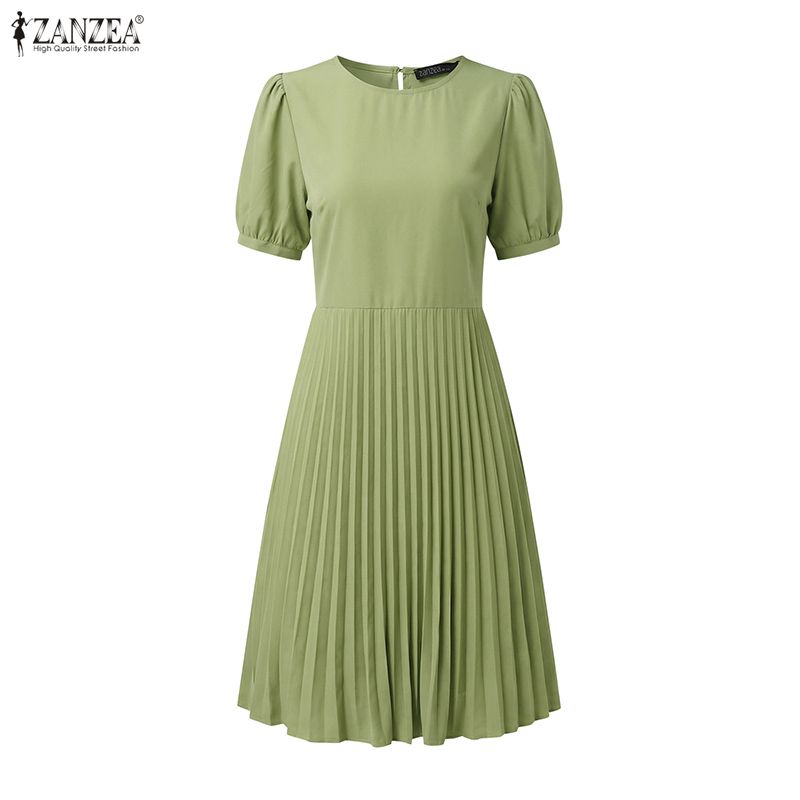 ZANZEA Women Daily Casual Round Neck Solid Color Short Sleeve Dress