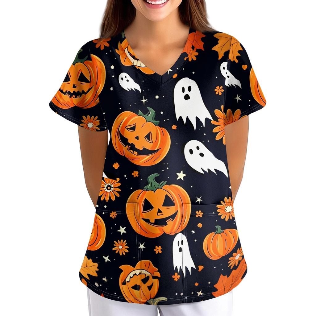 Damen Halloween Print V-Ausschnitt Kurzarm Kasack mit Taschen Lockerer Schnitt