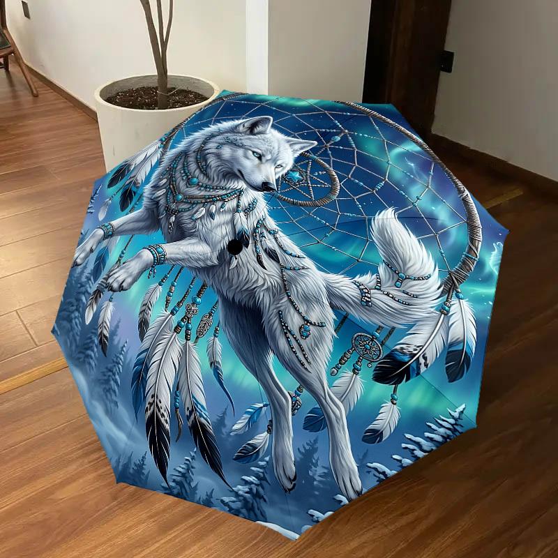1PC Wolf Dreamcatcher Umbrella-8-Rib Reinforced, Automatic Open, Lightweight & Durable, Fashion Accessory for Outdoor, J0396