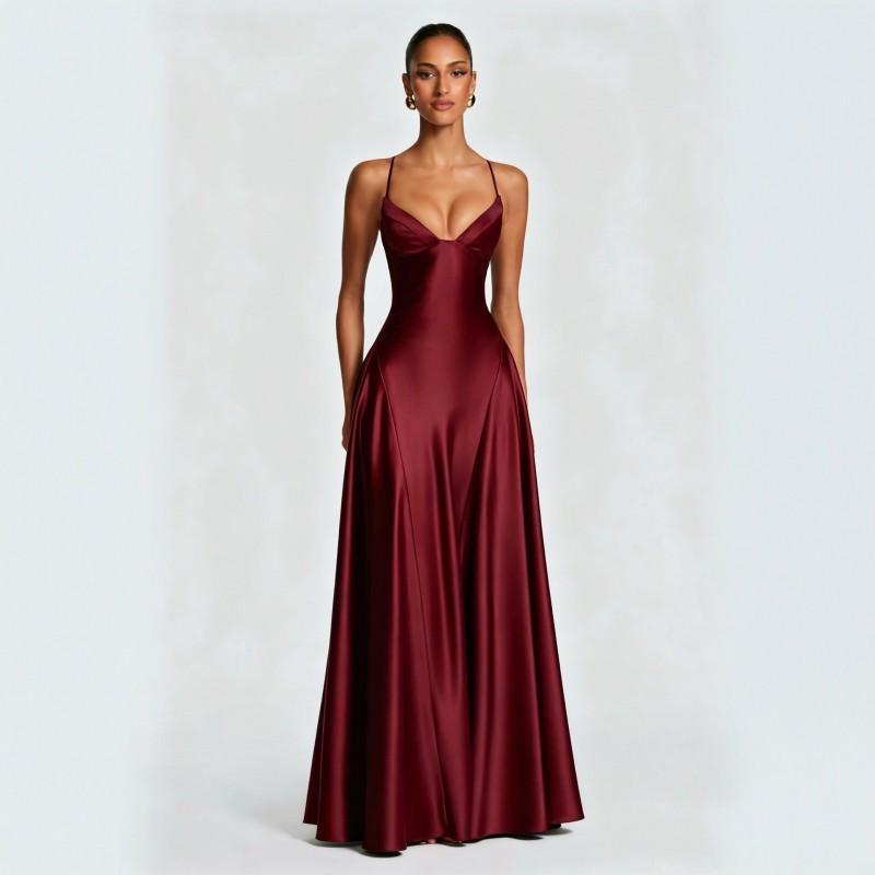 Sexy Satin Slip Dress Deep V Neck High Waist Flared Gown Banquet Date Night