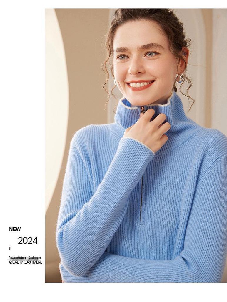 Thick Half-Zip Color-Block Cashmere Loose Knit Korean Pullover