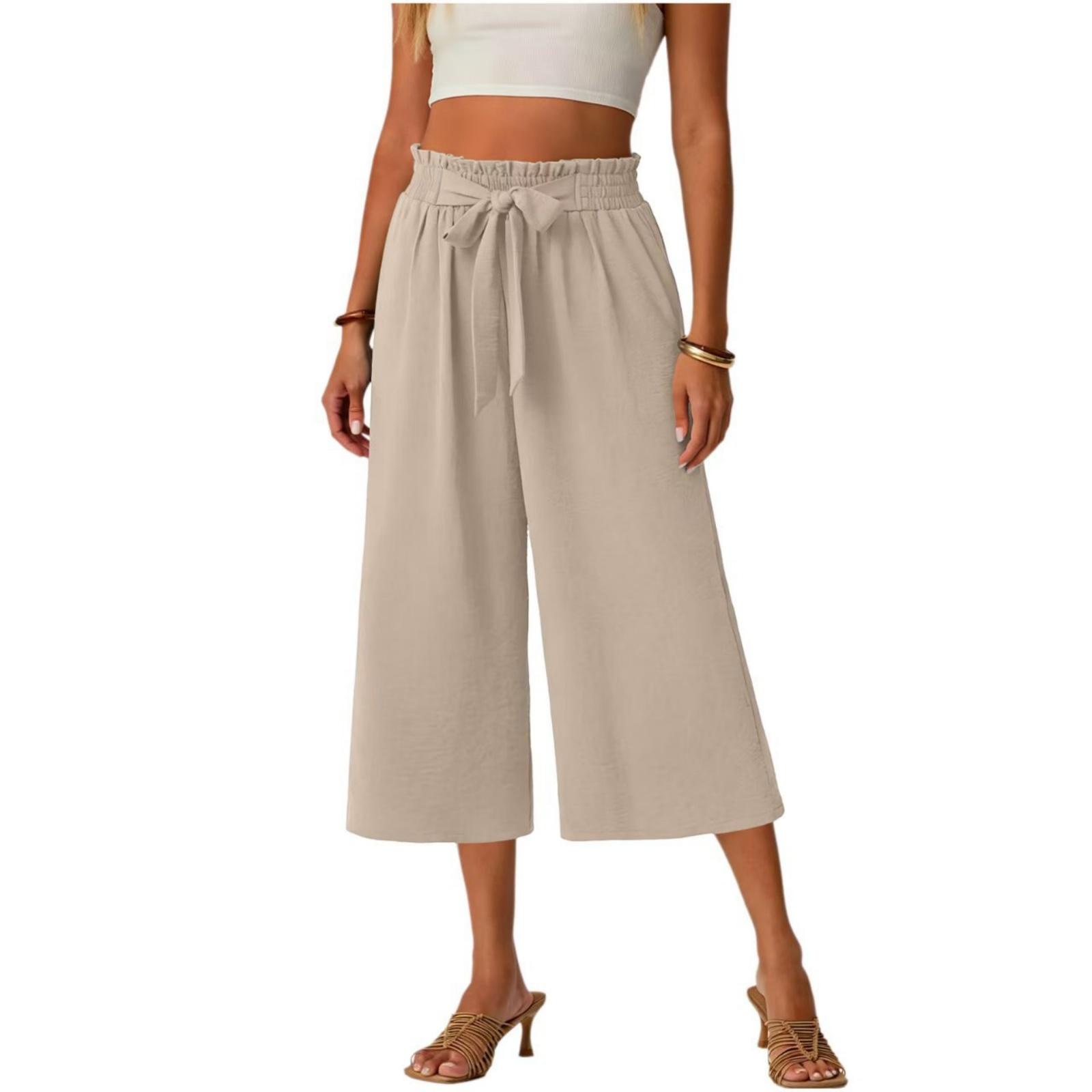 

Women s Summer Lace-Up -Color Loose-Fit Straight-Leg 7/8-Length Pants With Pockets And Lace-Up Elastic Waistband L бежевый