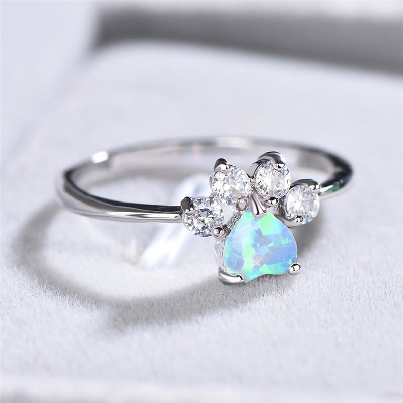 Cute Female Small Blue White Fire Opal Stone Ring  Vintage Dog Cat Paw Claw Heart Wedding Jewelry For Women