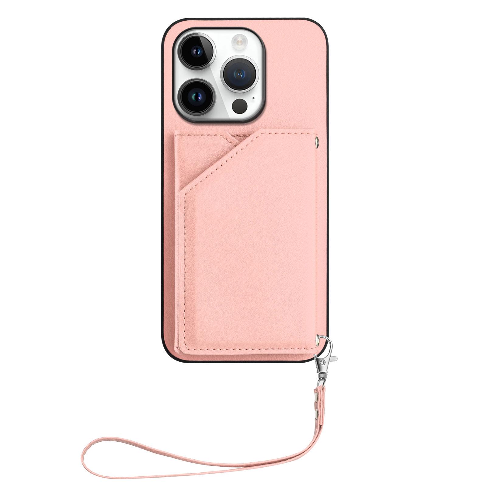 

For iPhone 16 Pro Case Card Holder Kickstand Skin-Touch Phone Cover with Wrist Strap Red
