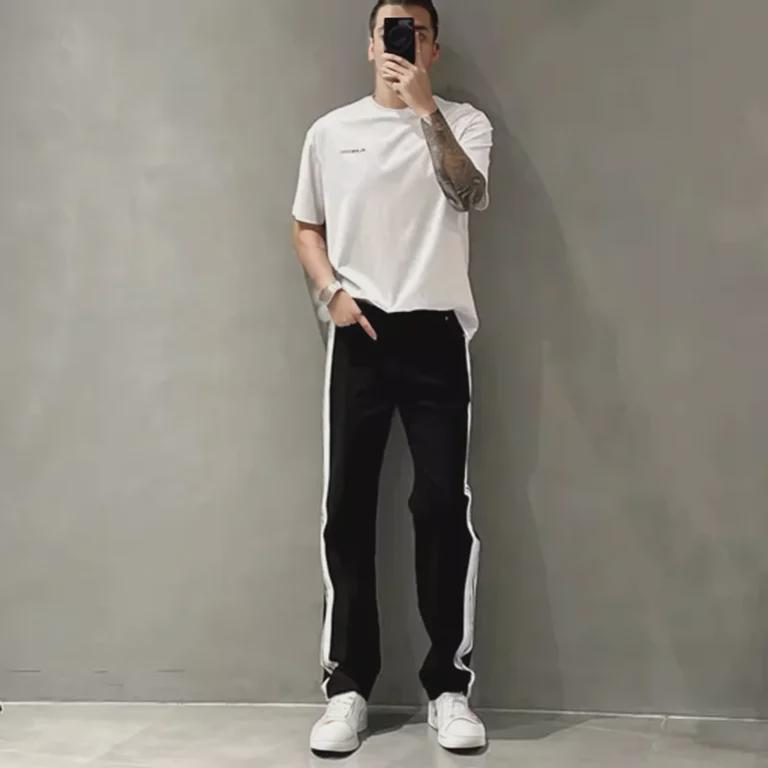 2023 Men's Autumn Trendy Loose Side Stripe Straight Jeans: Youthful Versatile Washed Wide-Leg Pants
