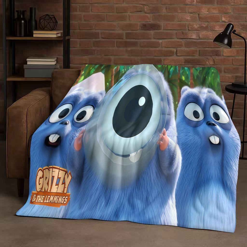 Kawaii Grizzy and The Lemmings Cartoon Flannel Blanket,Ultra Soft Warm Plush Throw for Home Bedroom Bed Sofa Cover Kids Gift