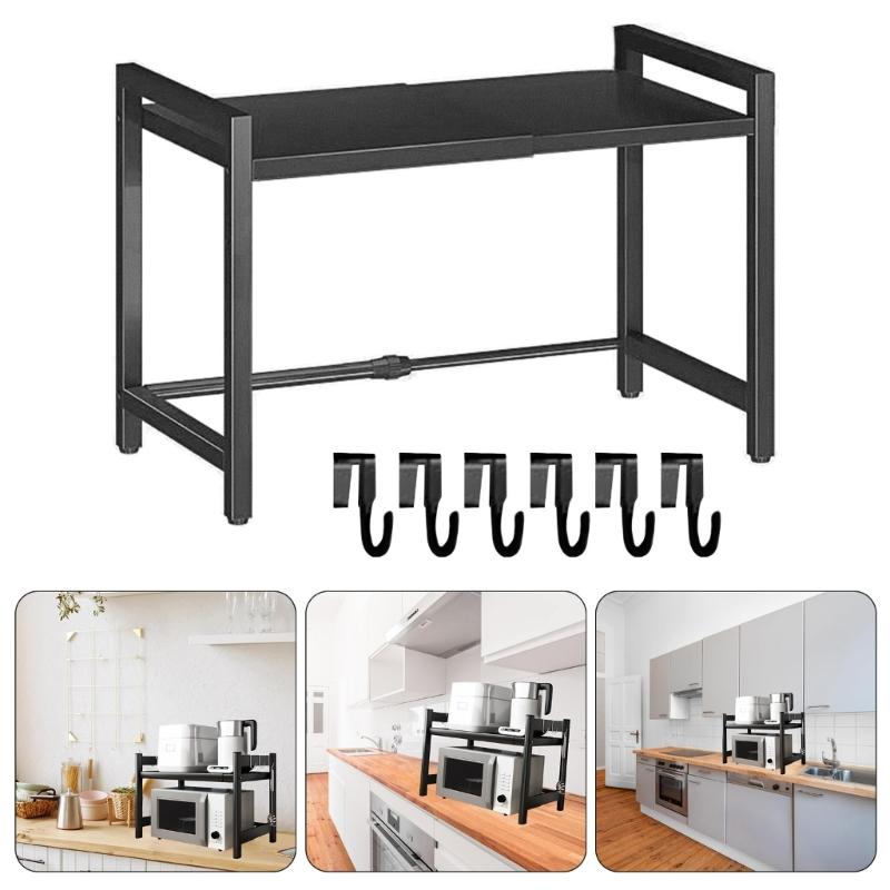 Adjustable Microwave Oven Rack with Hanging Hooks Sturdy Kitchen Counter Storage Portable Carbon Steel Storage Rack
