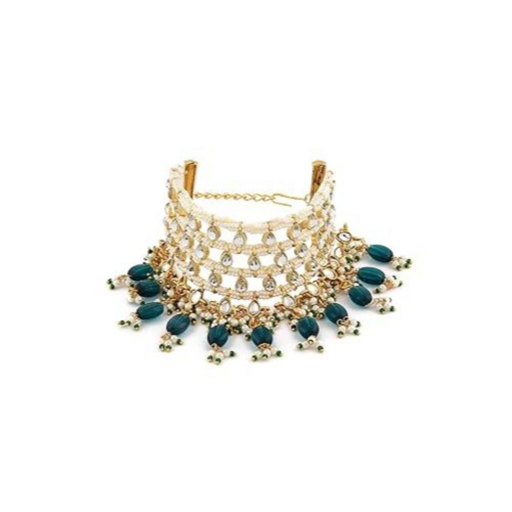 Green Beads Traditional Kundan & Pearls Bracelet For Women
