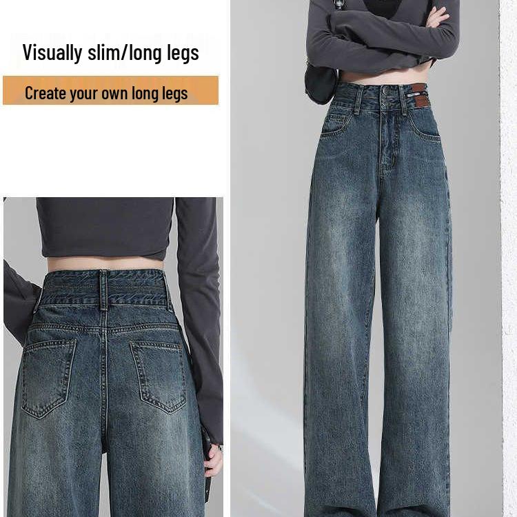 2025 Retro Fleece-Lined Wide-Leg Jeans for Women - Slimming, Versatile, Floor-Length Pants for Autumn/Winter