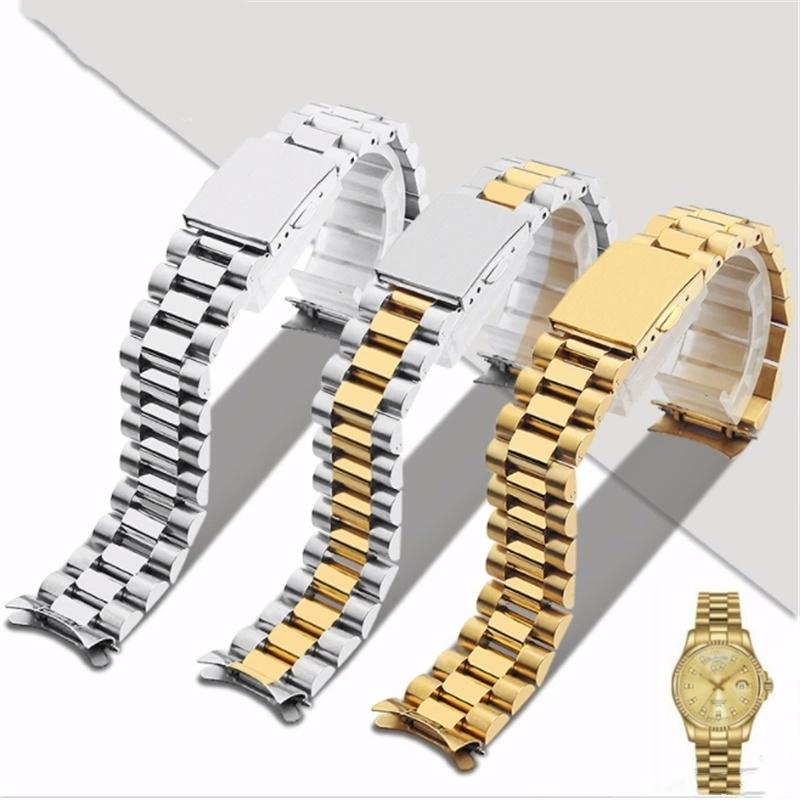 Classic Silver and Gold Curved End Stainless Steel Watchband 18 20 22mm Solid Links Bracelet Fit For Seiko Enicar Orient Watch