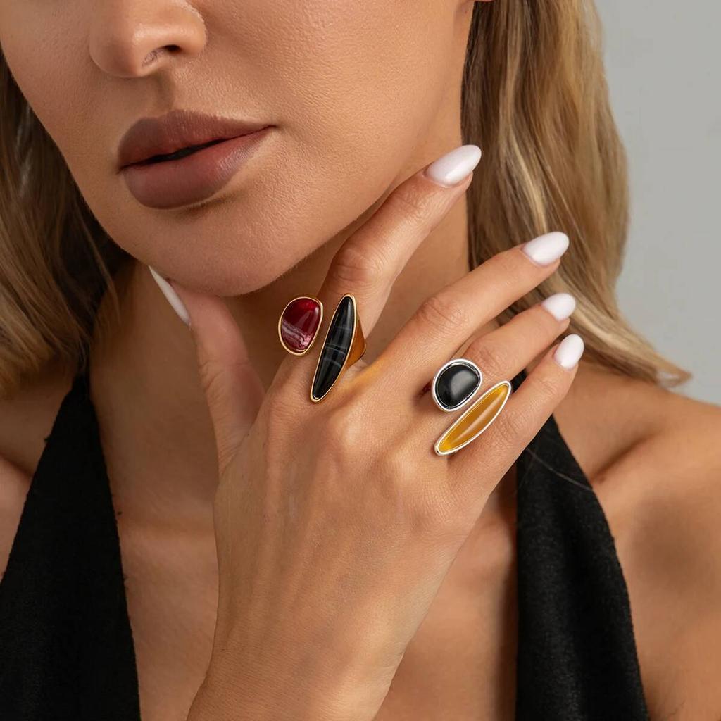 IngeSight.Z 2026 Unique Inlaid Resin Acrylic Opening Ring Creative Irregular Geometry Adjustable Knuckle Ring Daily Wear Jewelry