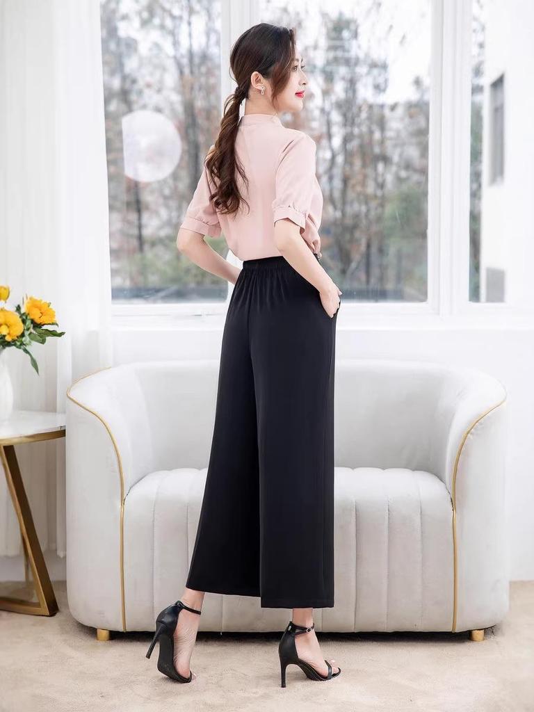 Women's Summer Ice Silk Wide-Leg Pants: Versatile, Slimming Nine-Point Pants for Middle-Aged and Elderly.