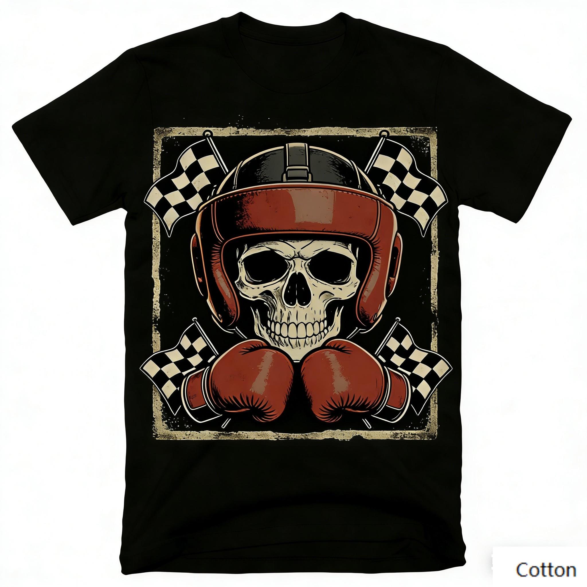 Vintage Boxing Racing Skull Graphic T Shirt, Cotton Crew Neck Short Sleeve Tee, Checkered Flag Print Unisex Top S разноцветный