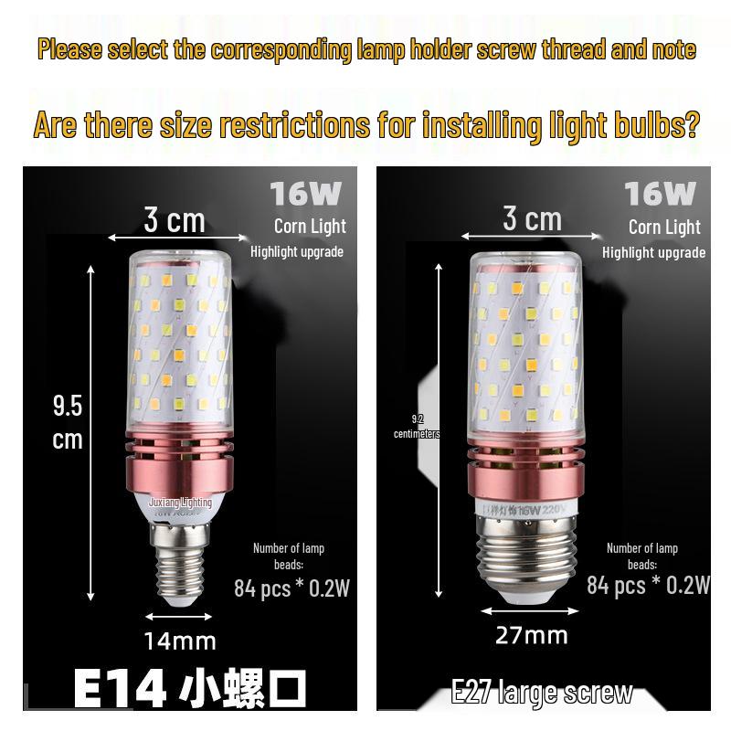 Tri-Color Dimmable LED Bulb, E27/E14 Base, 12W, Energy-Saving Corn/Candle Light for Home.