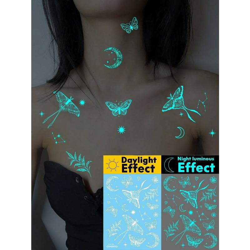 1 Sheets Luminous Glow In The Dark Body Art Temporary Tattoo Stickers, Moon Butterfly Botanical Pattern, Waterproof Fake Tattoo Sticker
