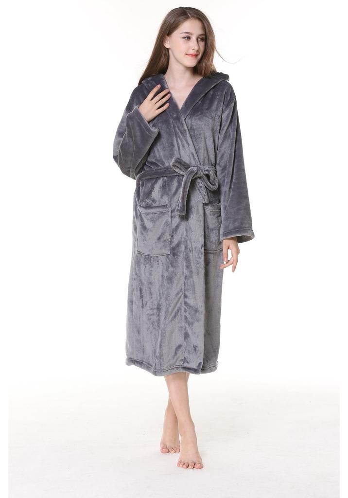 Halat de baie unisex cu glugă din flanelă - Cozy Coral Fleece pentru toamnă/iarnă, lungime medie, mărimi mari, pijamale pentru cupluri