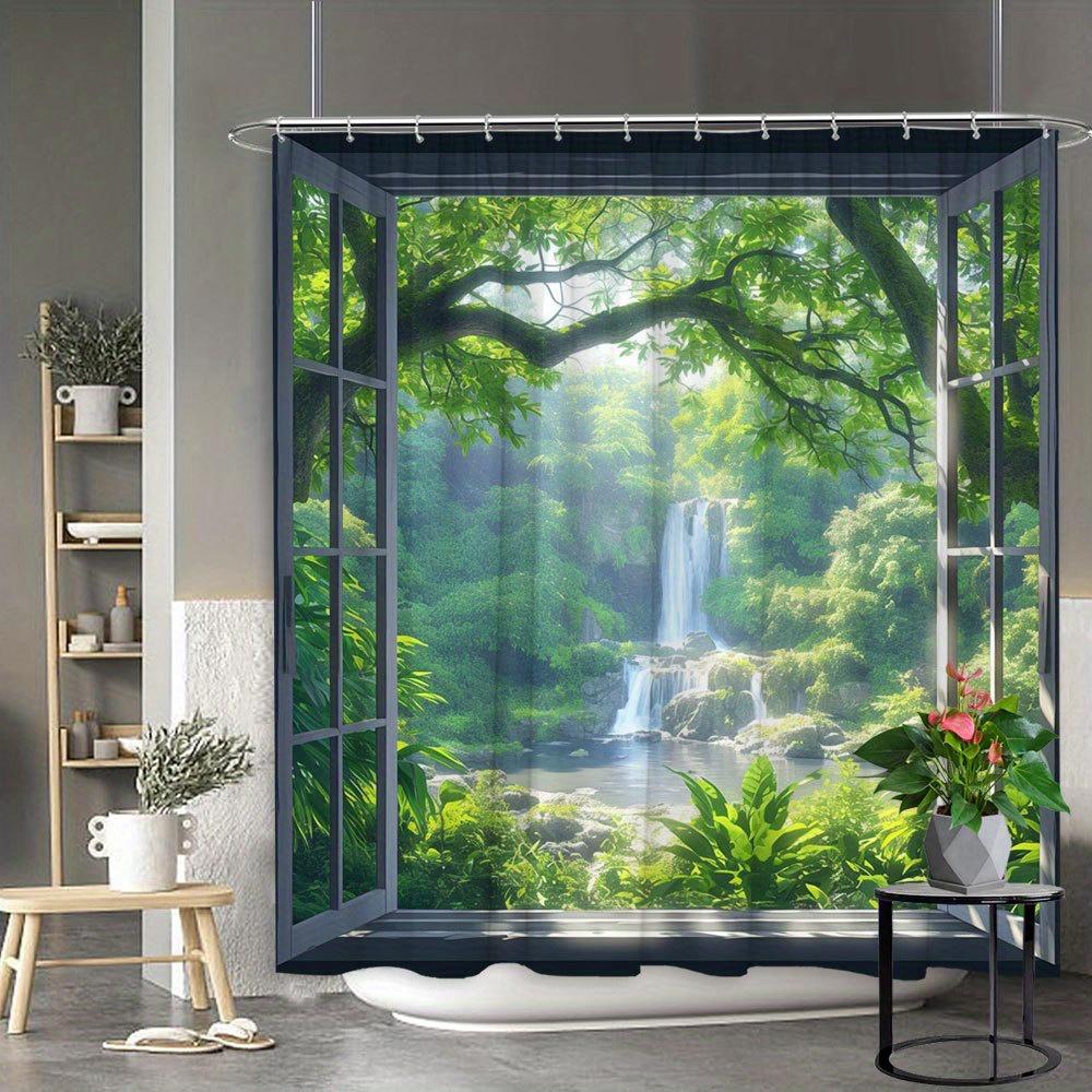 Shower Curtain: Window To a Serene Forest Waterfall for a Tranquil and Nature-Inspired Bathroom Decor
