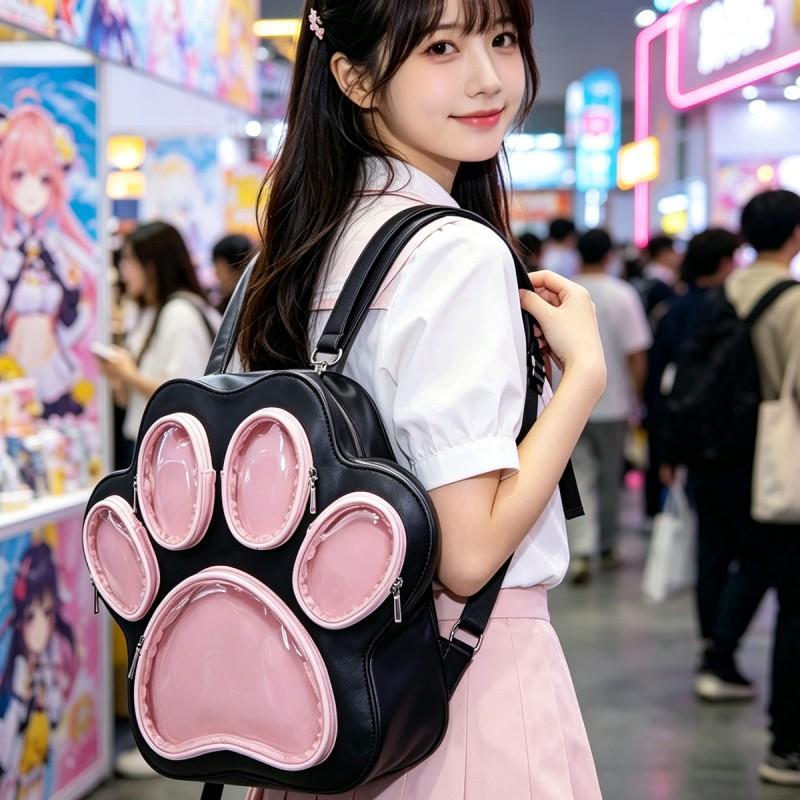 Cute Cat Paw Shape Backpack Teen Girls Daily Use Large Capacity PU School Bag Sweet Style