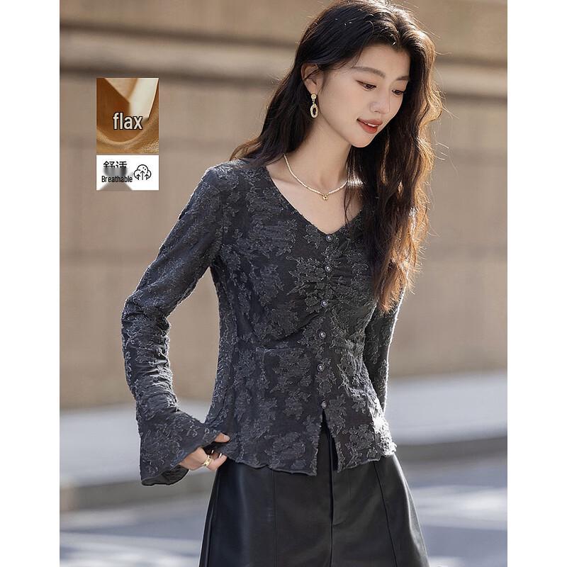 

Demana Fall V-Neck Ruched Jacquard Linen Blend Blouse S