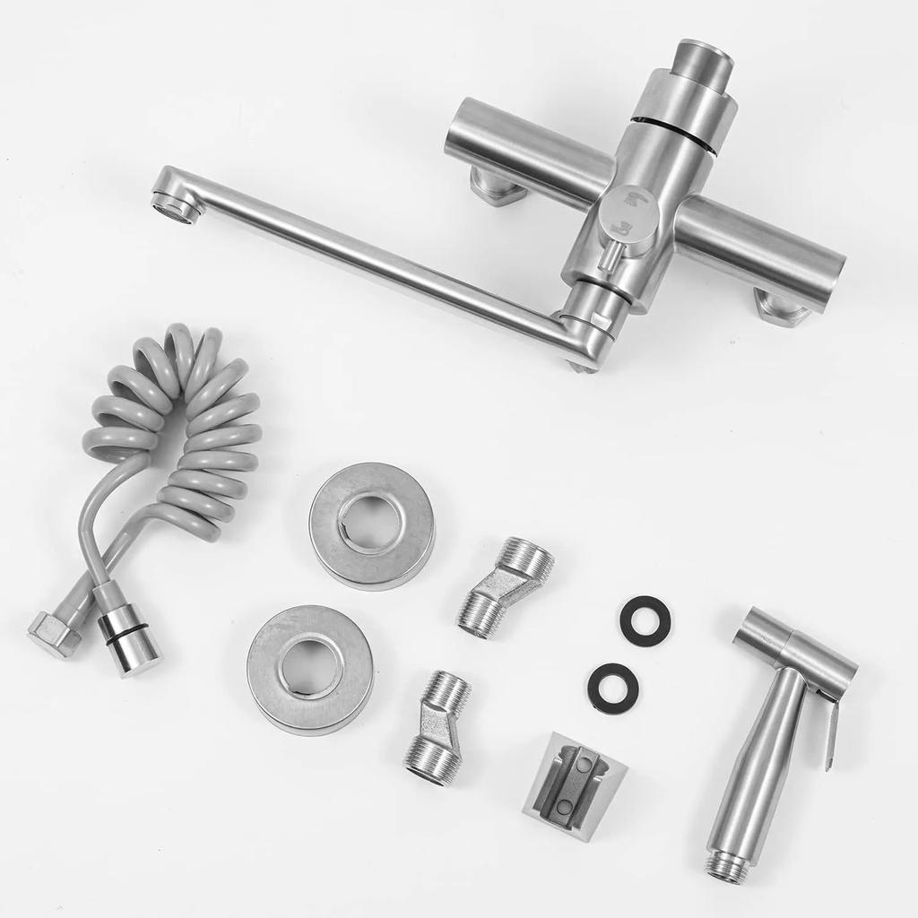 Grifo mezclador de pared para cocina, material de acero inoxidable 304 de grado alimentario, giratorio 360°