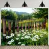 1 Piece of Spring Garden and Daisy Background - Polyester Fabric Simple Wooden Fence Design Lush Greenery