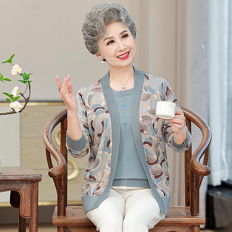 

Knitted Two-Piece Cardigan Set for Middle-Aged & Elderly Women - Plus Size, Spring & Autumn Wear 2XL (110-120 jin) светло-синий