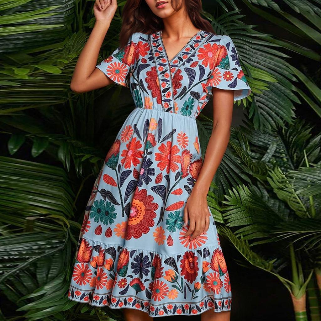 Women's Summer Dress Loose Beach Vacation Casual Deep V Neck Vest Dress Elegant Shirt Dress