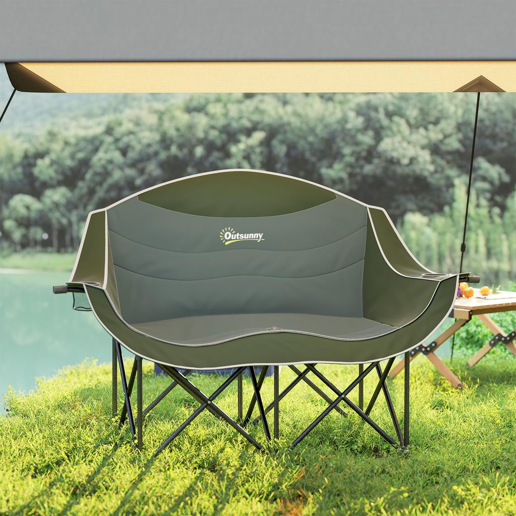 Folding Chair Foldable 2-Seater Camping Chair with Cup Holder Carry Bag up to 250kg Load Capacity Green