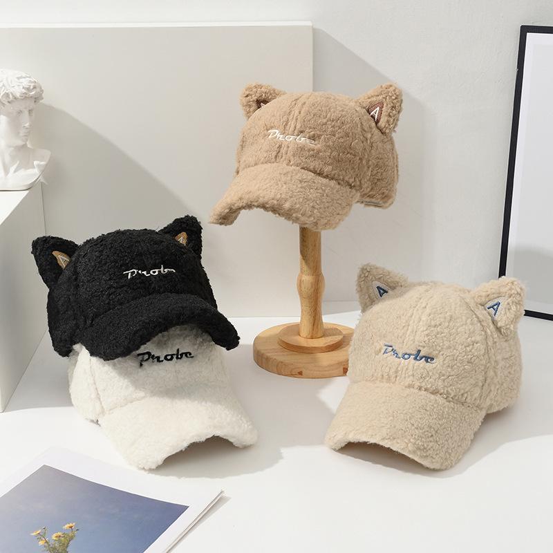 Autumn and Winter Lamb Fur Baseball Cap Warm and Deep Adjustable Head Circumference Plush Baseball Hat Cute Cartoon Cat Ears