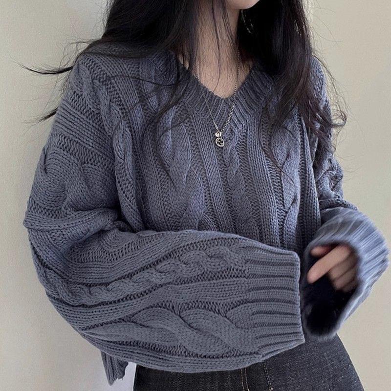 Chic Retro Cable V Neck Pullover Long Sleeve Sweater Women Autumn Winter Loose Crop Lazy Style Knit Top