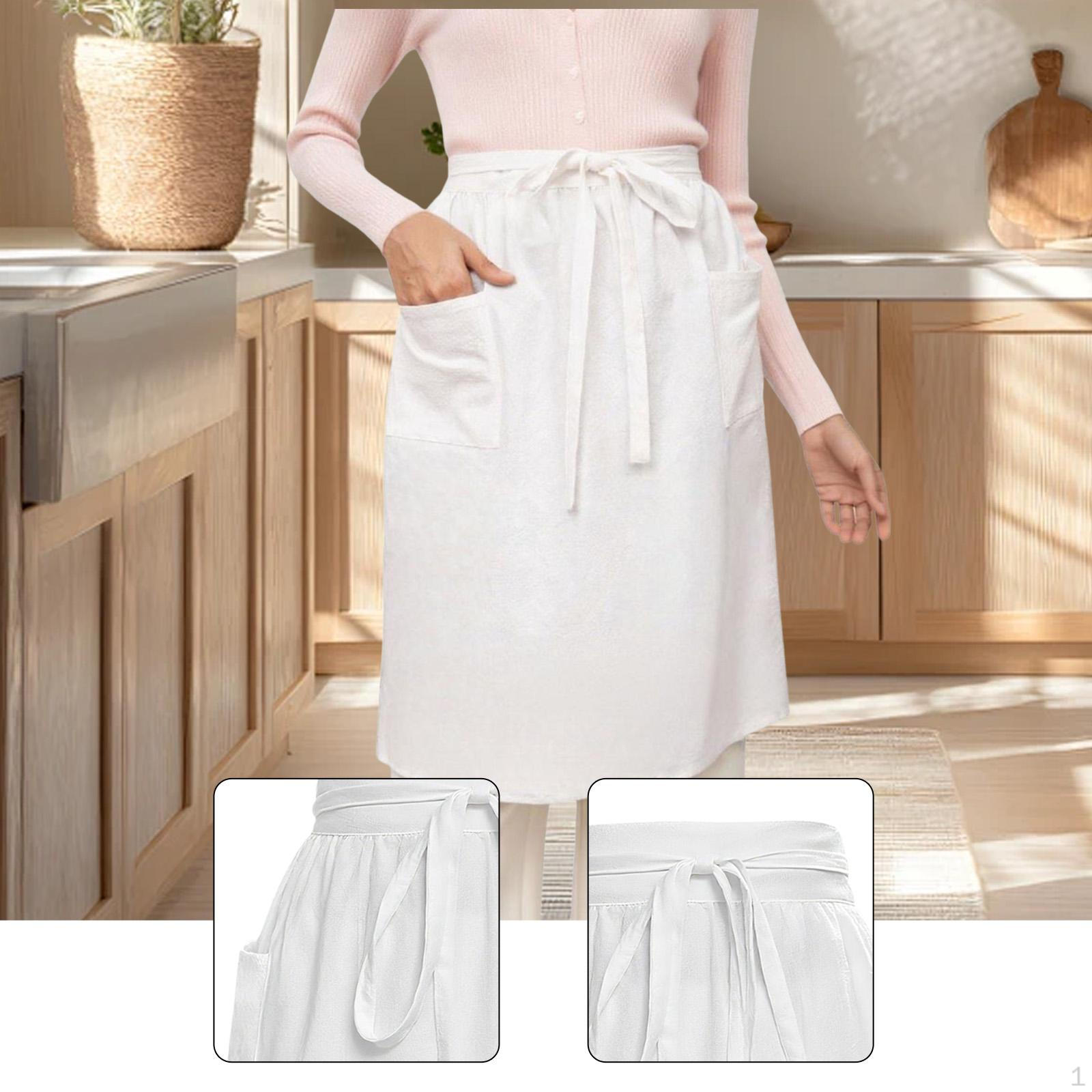 

Белый Длинный Полуфартук Костюм Горничной с Рюшами для Женщин Регулируемый с Карманами на Талии