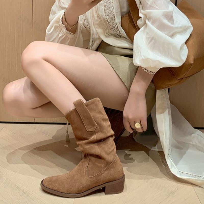 Fashion Super High Quality Women's Boots Autumn 2025 Fashion Pointed Chelsea Boot Pleated Suede Leather Women Knee Boots Banquet Party