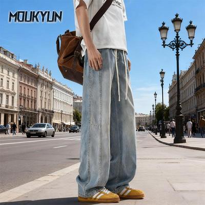American Retro Baggy Jeans Men's Fashion High Street Elastic Waist Loose Casual Men Straight Leg Long Pants